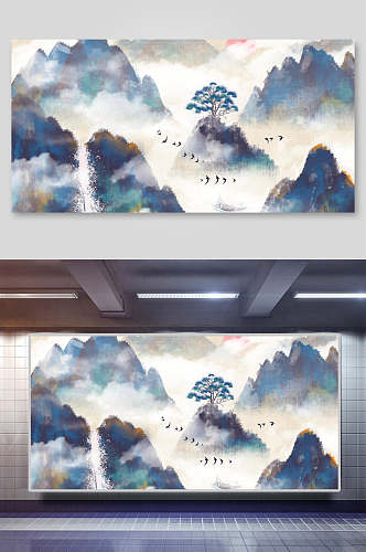 云雾鸟兽蓝中国山水水墨画插画