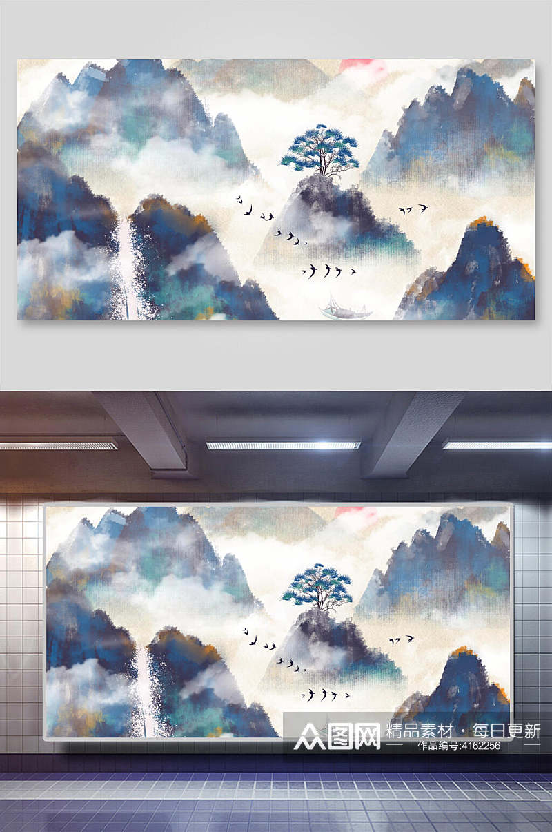 云雾鸟兽蓝中国山水水墨画插画素材
