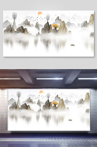 太阳湖面船中国山水水墨画背景