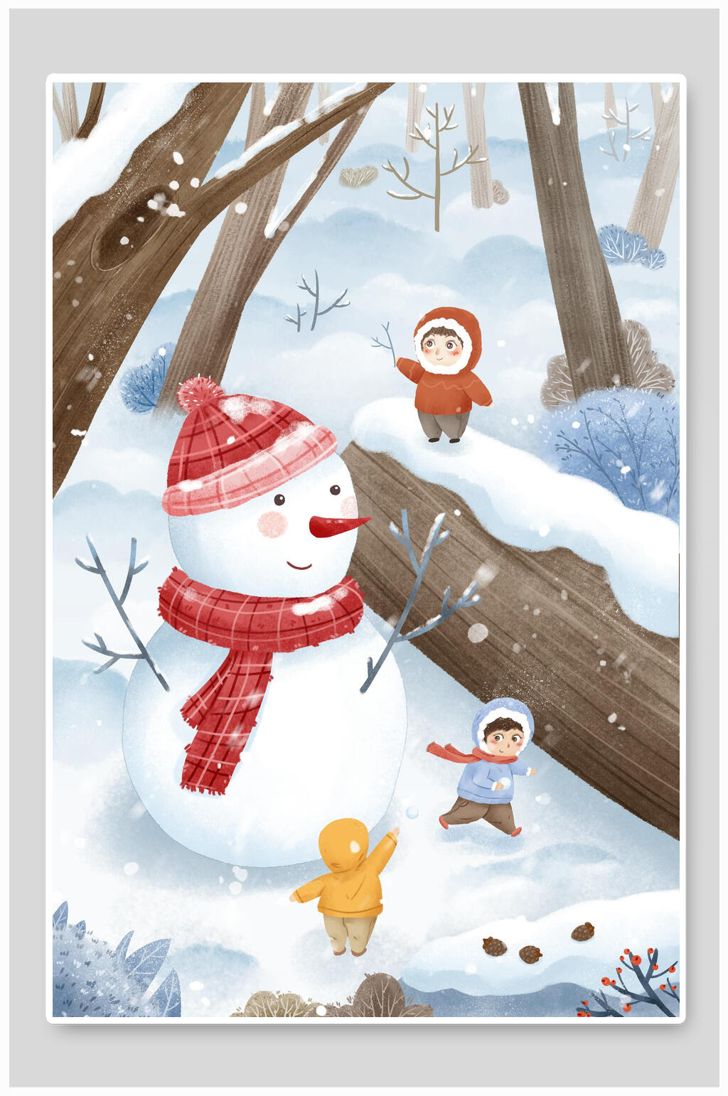 雪人树木可爱手绘清新大雪插画素材