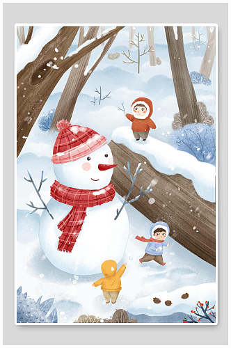 雪人树木可爱手绘清新大雪插画