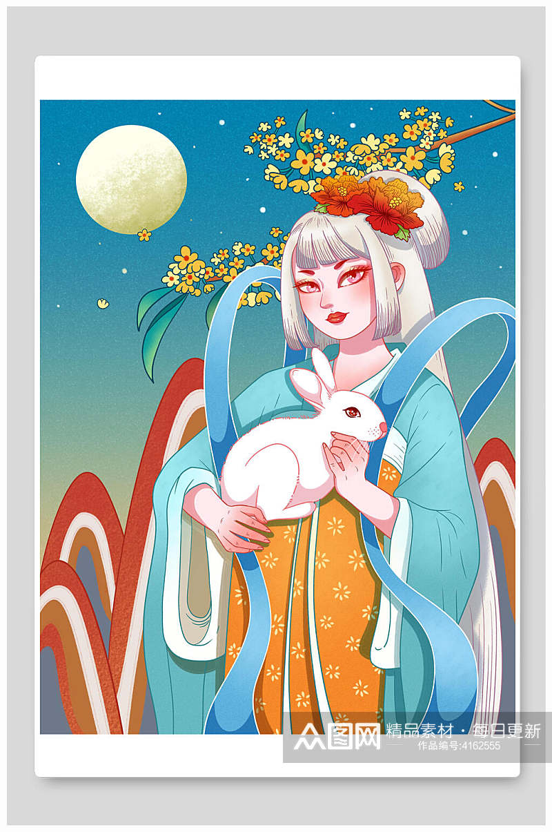 兔子女月亮花朵中秋节团圆插画素材