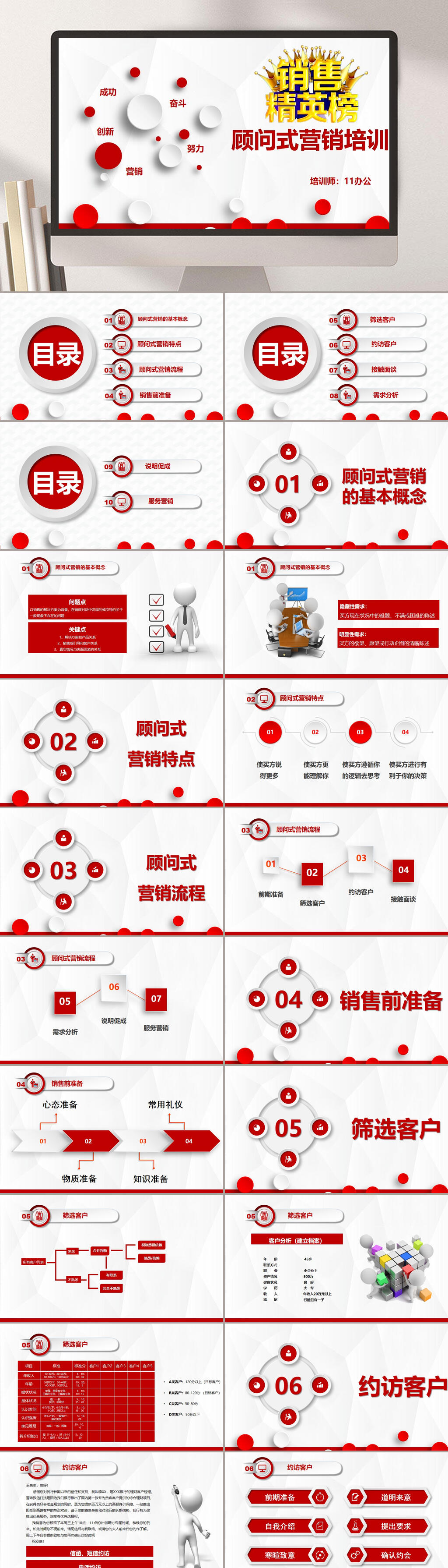 红色白色圆圈销售精英榜顾问式营销PPT素材