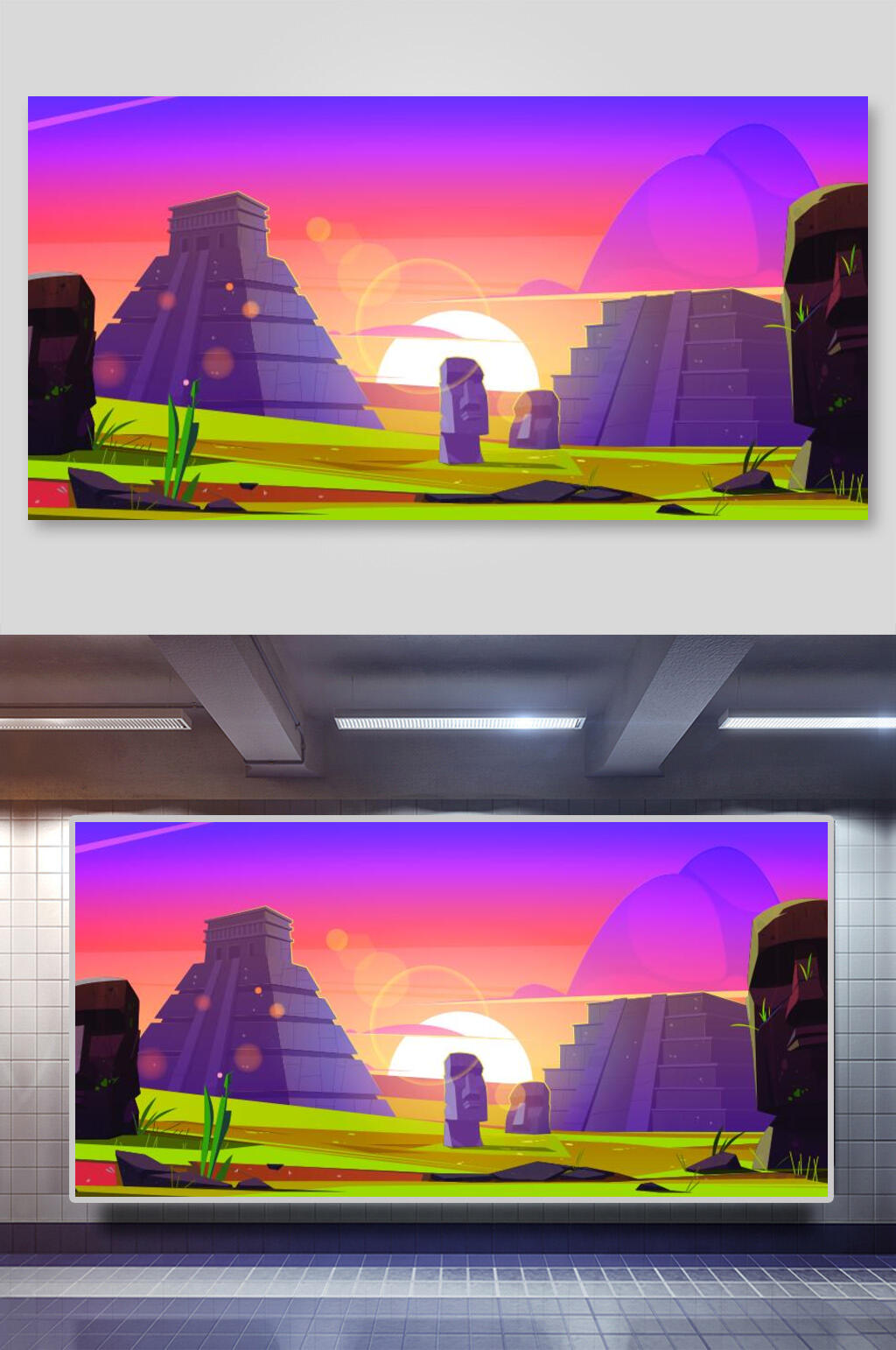 手绘卡通石头草唯美场景矢量插画素材