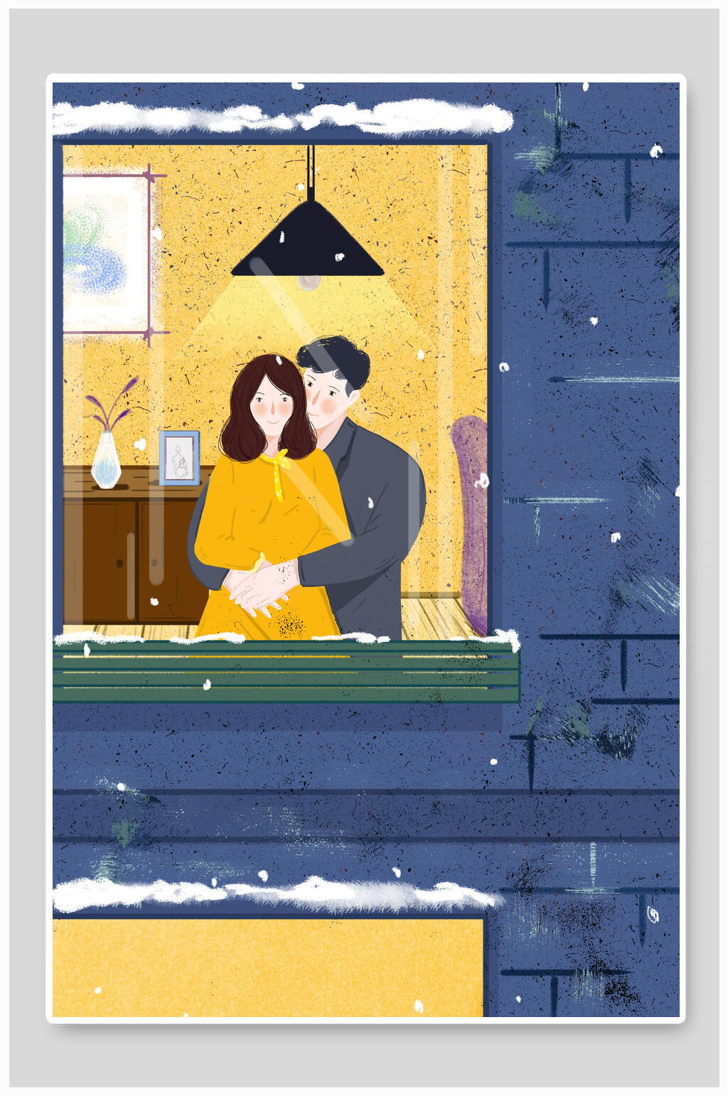 男女灯光唯美手绘清新蓝黄大雪插画素材