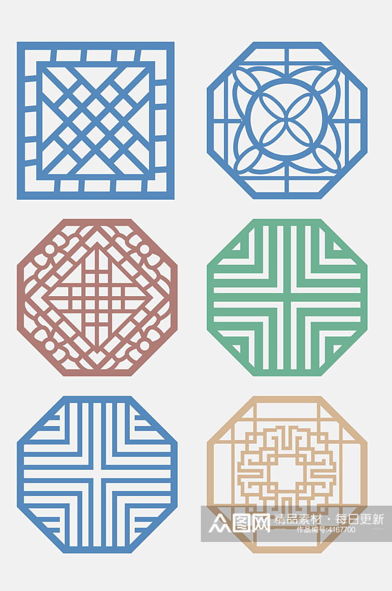中式传统彩色六边形图案免抠素材素材