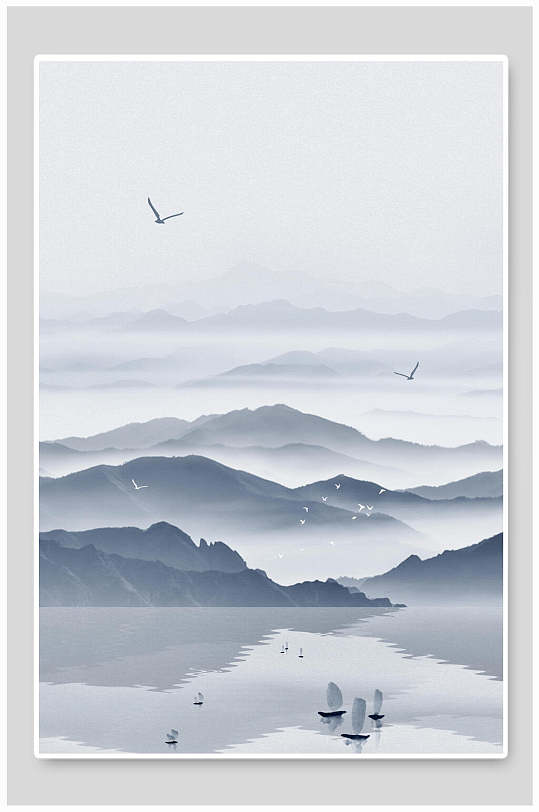湖面船帆云中国山水水墨画背景