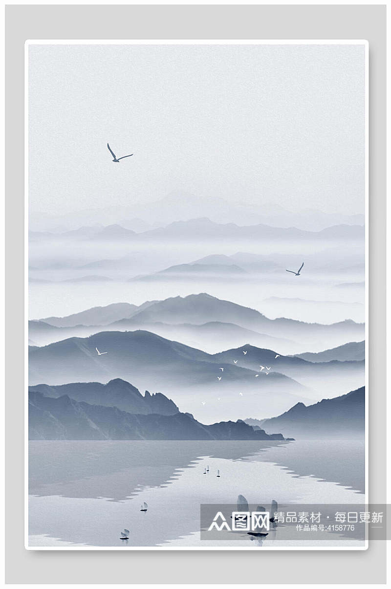 湖面船帆云中国山水水墨画背景素材