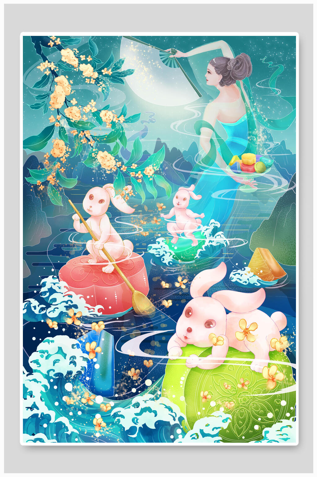 海浪兔子可爱花朵中秋节团圆插画素材