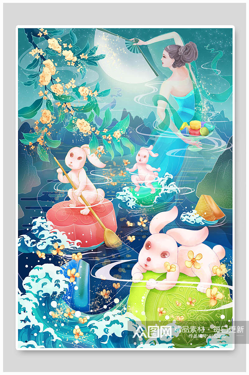 海浪兔子可爱花朵中秋节团圆插画素材