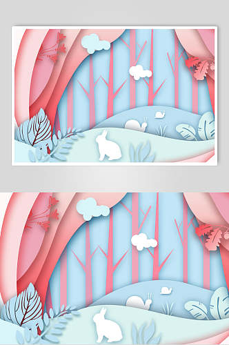 树干叶子兔子立体剪纸折纸插画