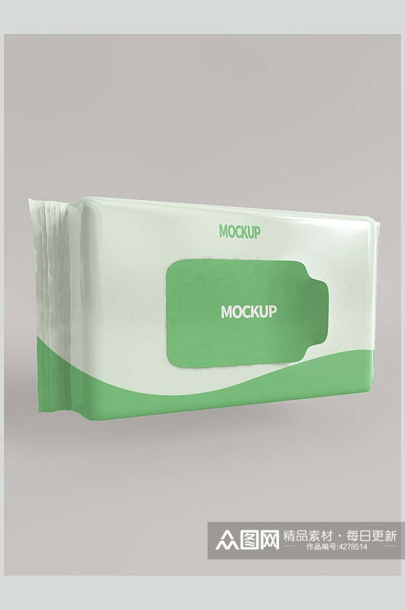 英文字母灰白色绿湿巾包装样机素材