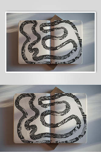 线条蛇花纹二折页黑书籍纸张样机