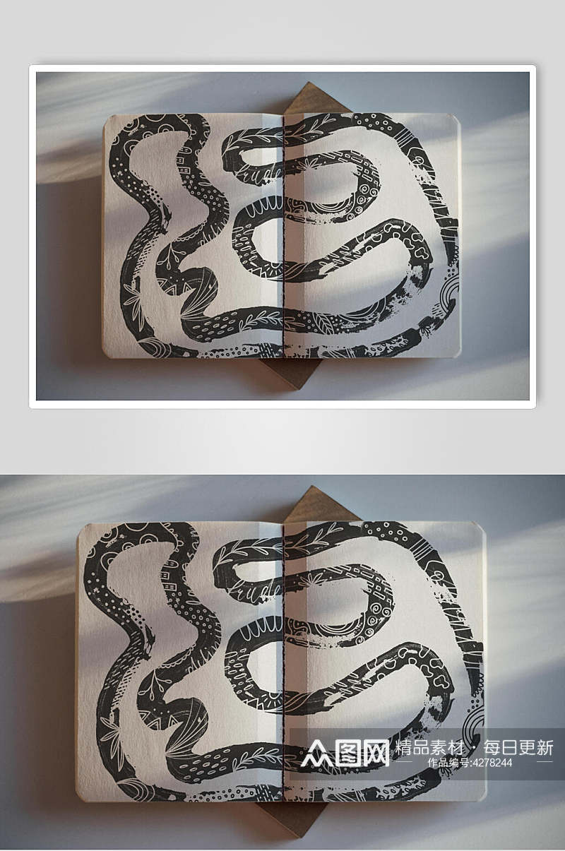 线条蛇花纹二折页黑书籍纸张样机素材