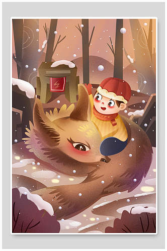 狐狸眼睛男孩树木棕色大雪插画