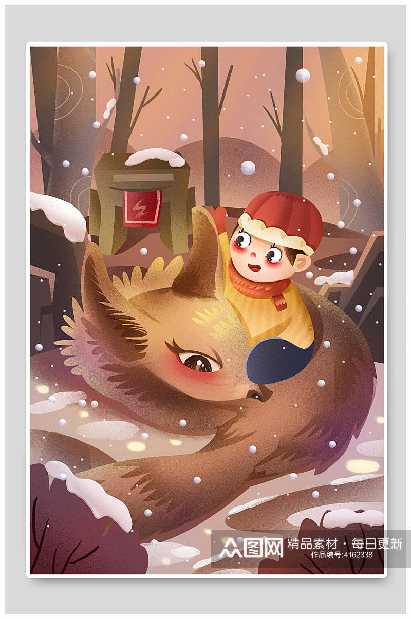 狐狸眼睛男孩树木棕色大雪插画素材