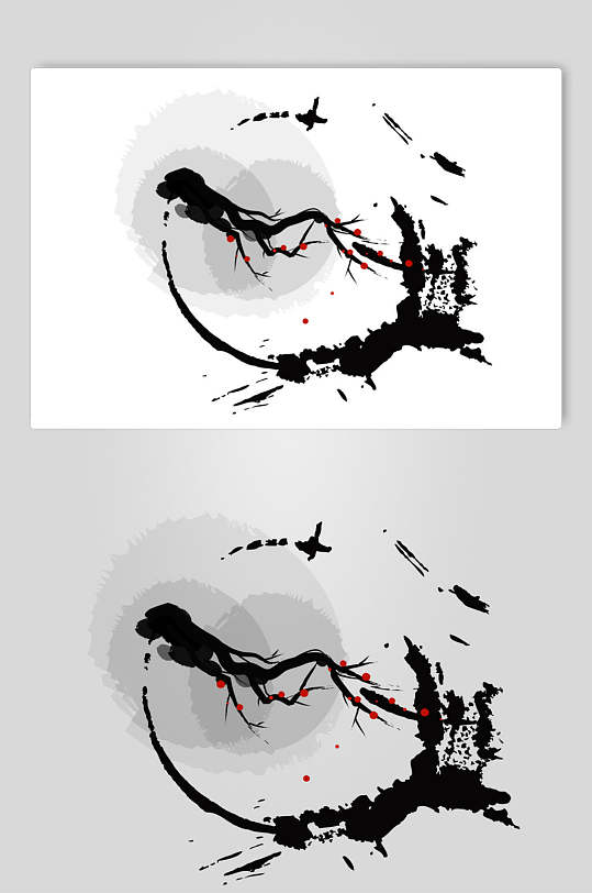 毛笔红梅水墨山水画矢量素材