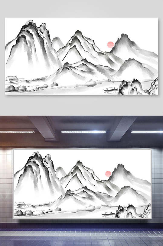 山峰清新黑白色中国山水水墨画插画