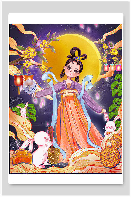 月饼兔子绸缎黄中秋节团圆插画