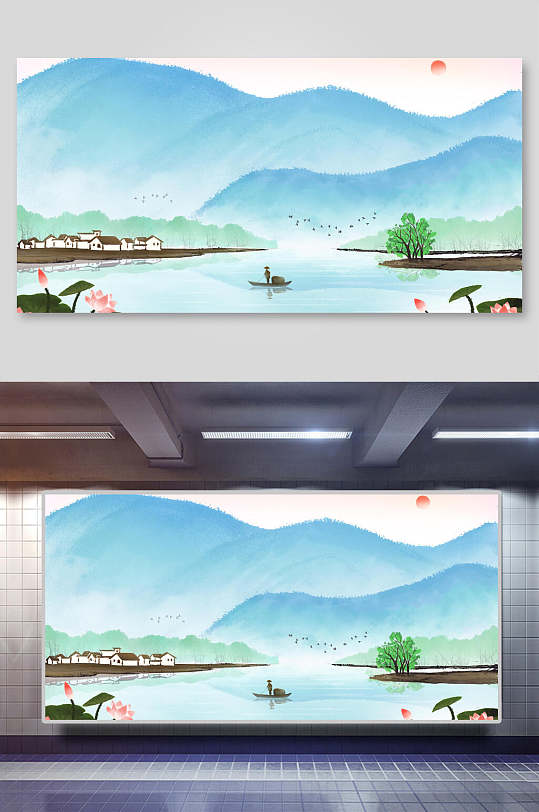 花朵树木清新中国山水水墨画插画