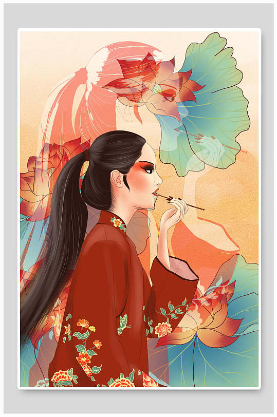 女孩化妆荷叶花朵绿色国潮插画