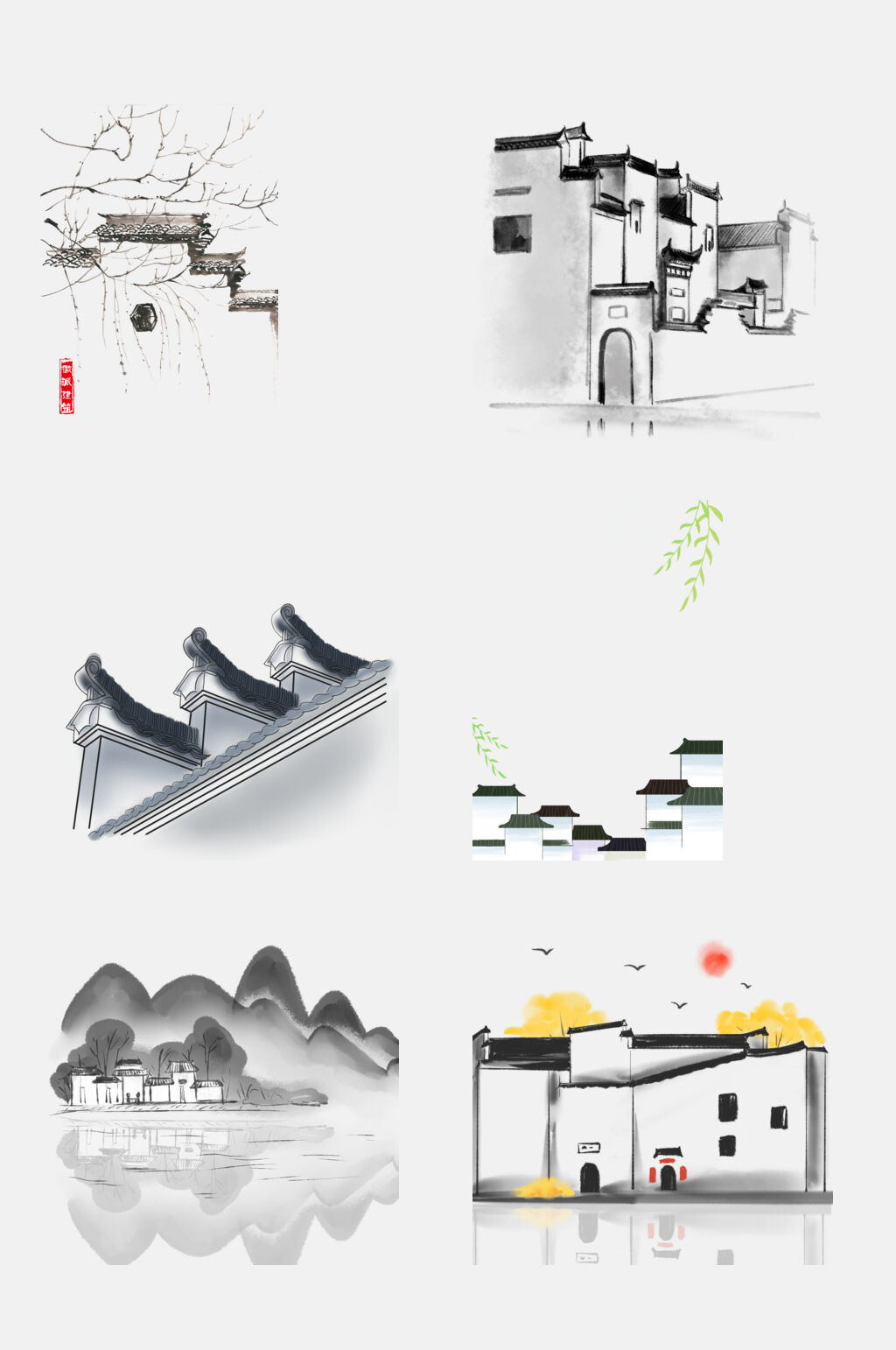 树枝柳叶水墨建筑屋檐免抠素材素材