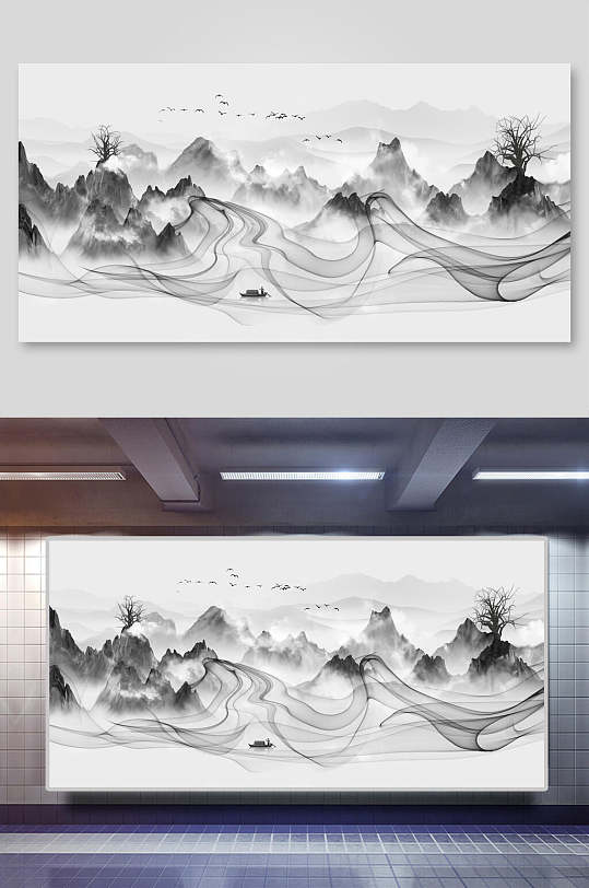 鸟兽树木灰中国山水水墨画插画