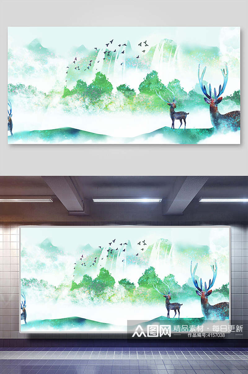 麋鹿云雾绿中国山水水墨画背景素材