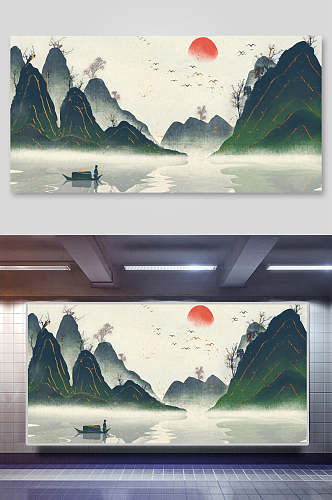 山峰小船手绘绿中国山水水墨画插画
