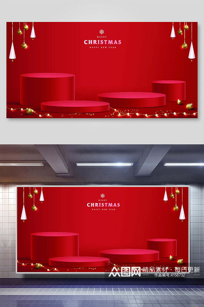 展台挂饰红色圣诞立体矢量风景素材