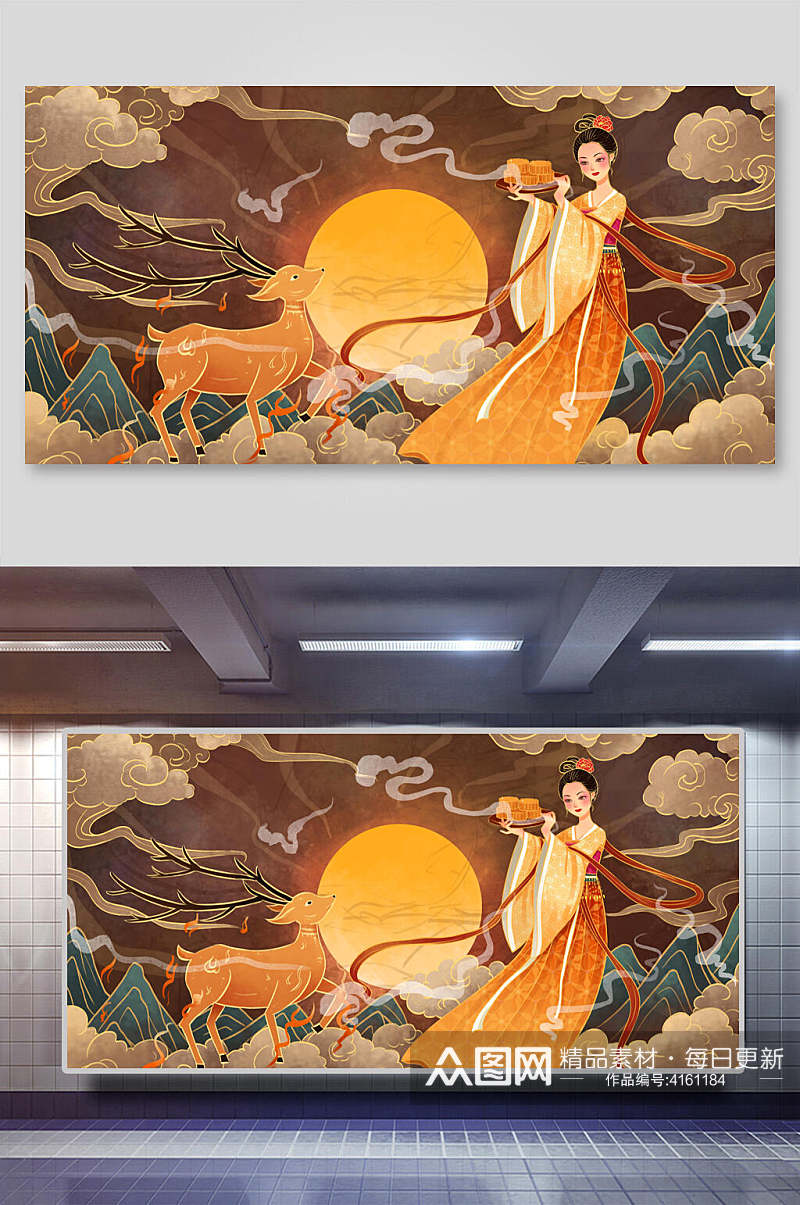 月亮小鹿手绘卡通中秋节团圆插画素材