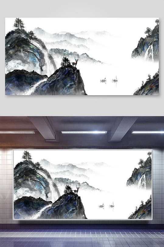 云雾麋鹿灰中国山水水墨画背景