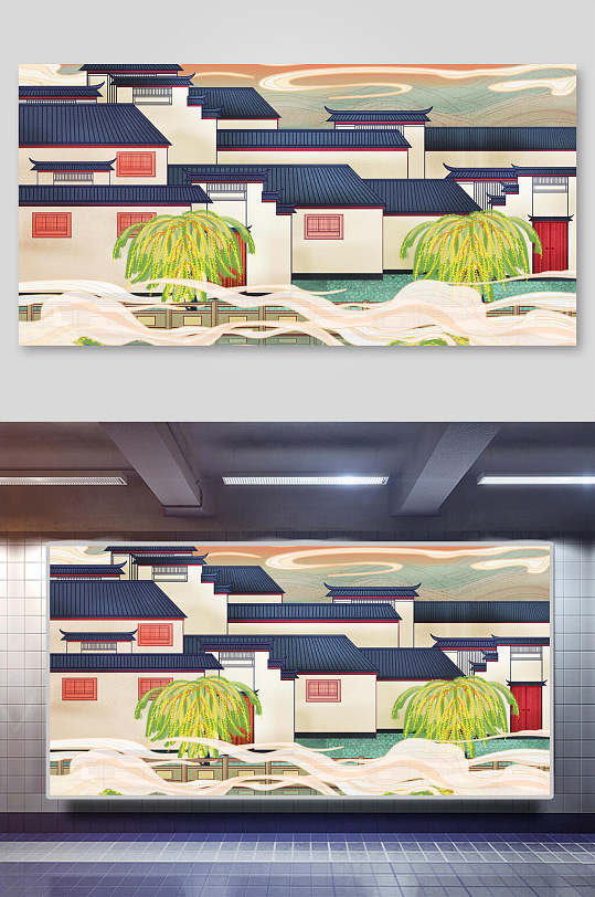 房屋柳树绿国潮标志性建筑插画
