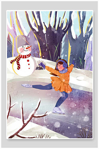 树枝雪人女滑冰手绘卡通大雪插画