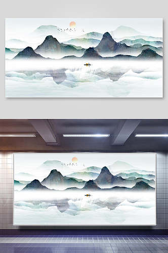 湖面云雾鸟中国山水水墨画背景