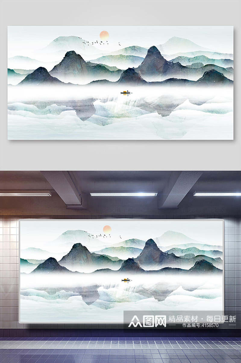 湖面云雾鸟中国山水水墨画背景素材