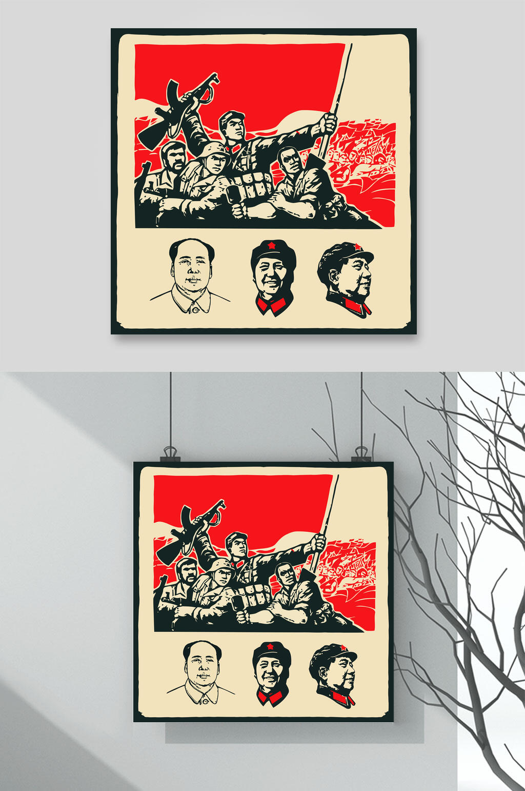 手绘人脸红色文化复古矢量素材素材