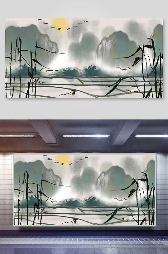 植物太阳鸟中国山水水墨画背景