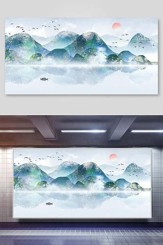 湖面船鸟兽中国山水水墨画插画