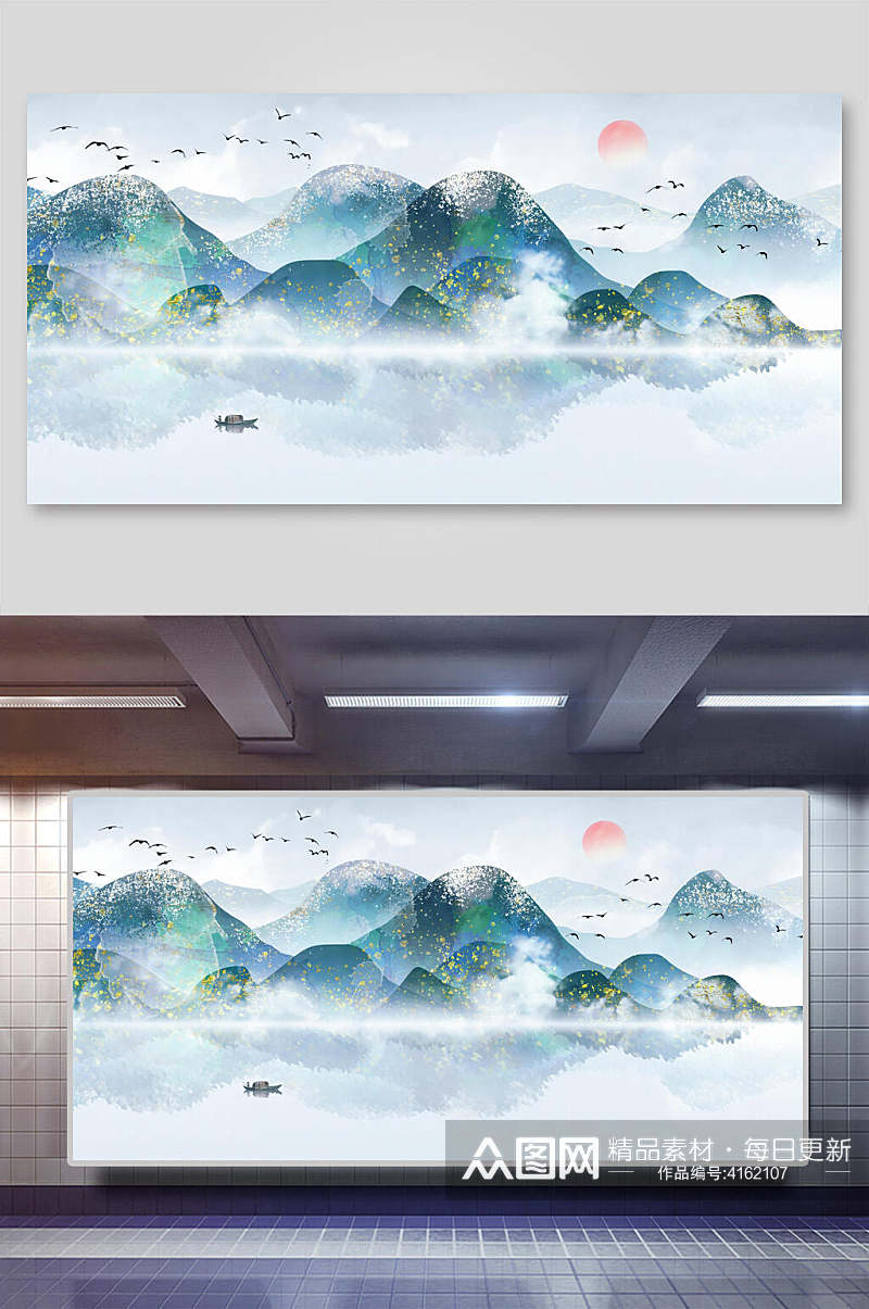 湖面船鸟兽中国山水水墨画插画素材