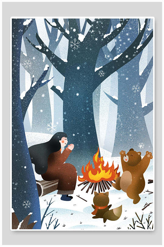 火柴熊女手绘卡通树干大雪插画