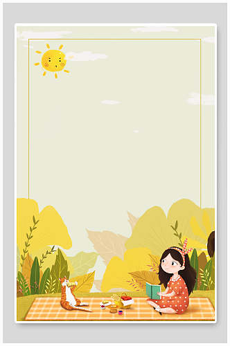 女孩动物植物立秋插画海报背景