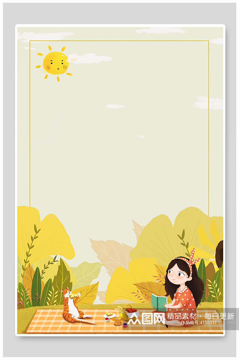 女孩动物植物立秋插画海报背景素材