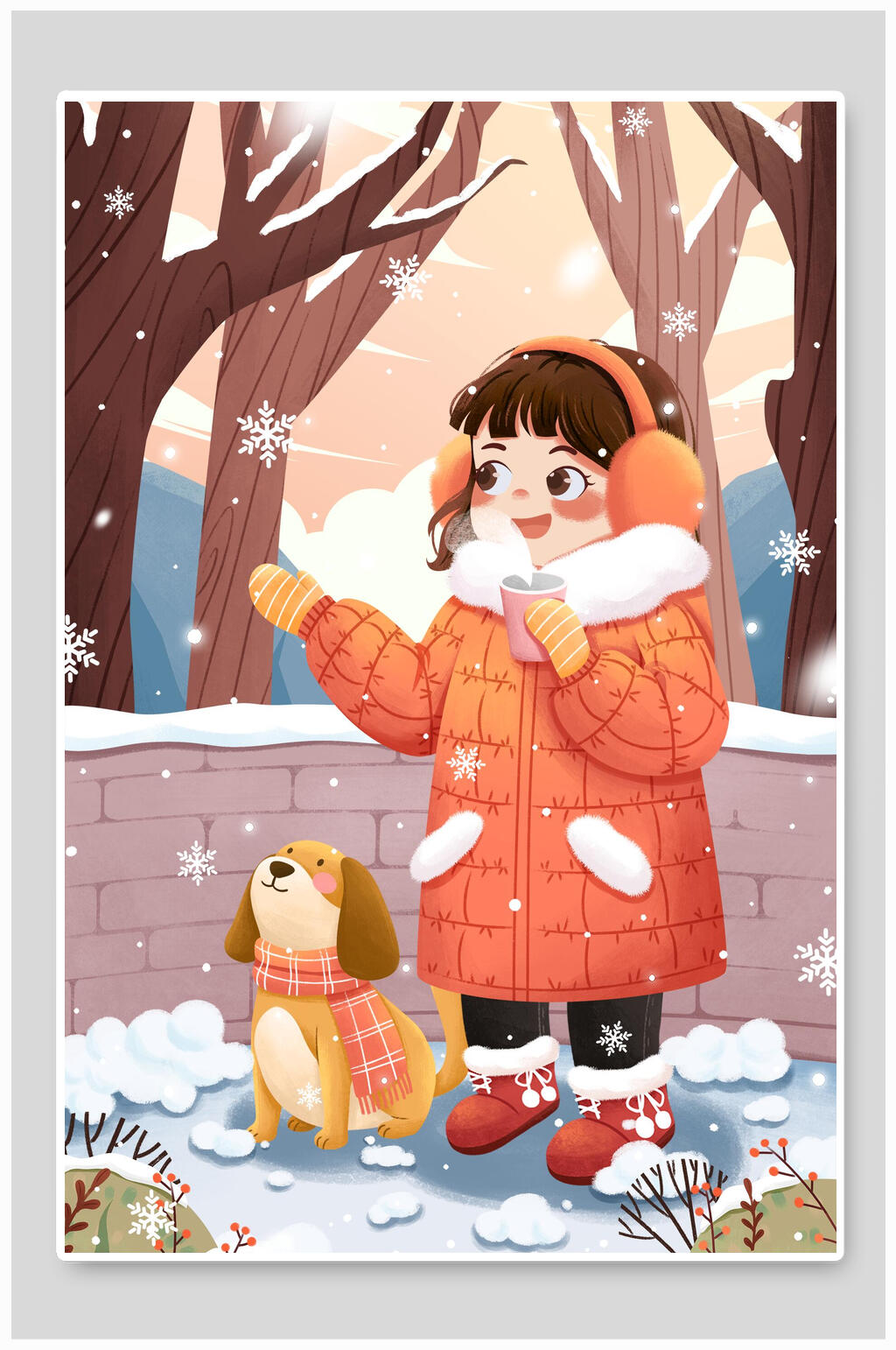 小狗大雪节气插画素材