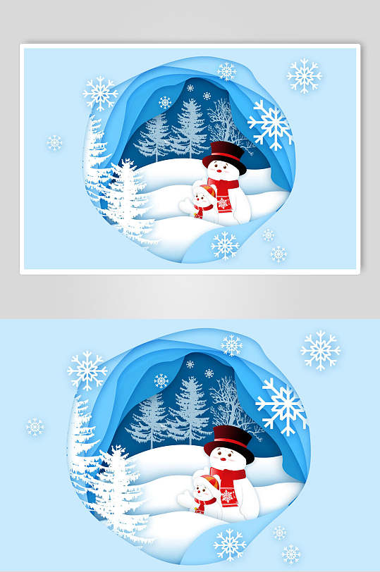 雪人围巾雪花立体剪纸折纸插画