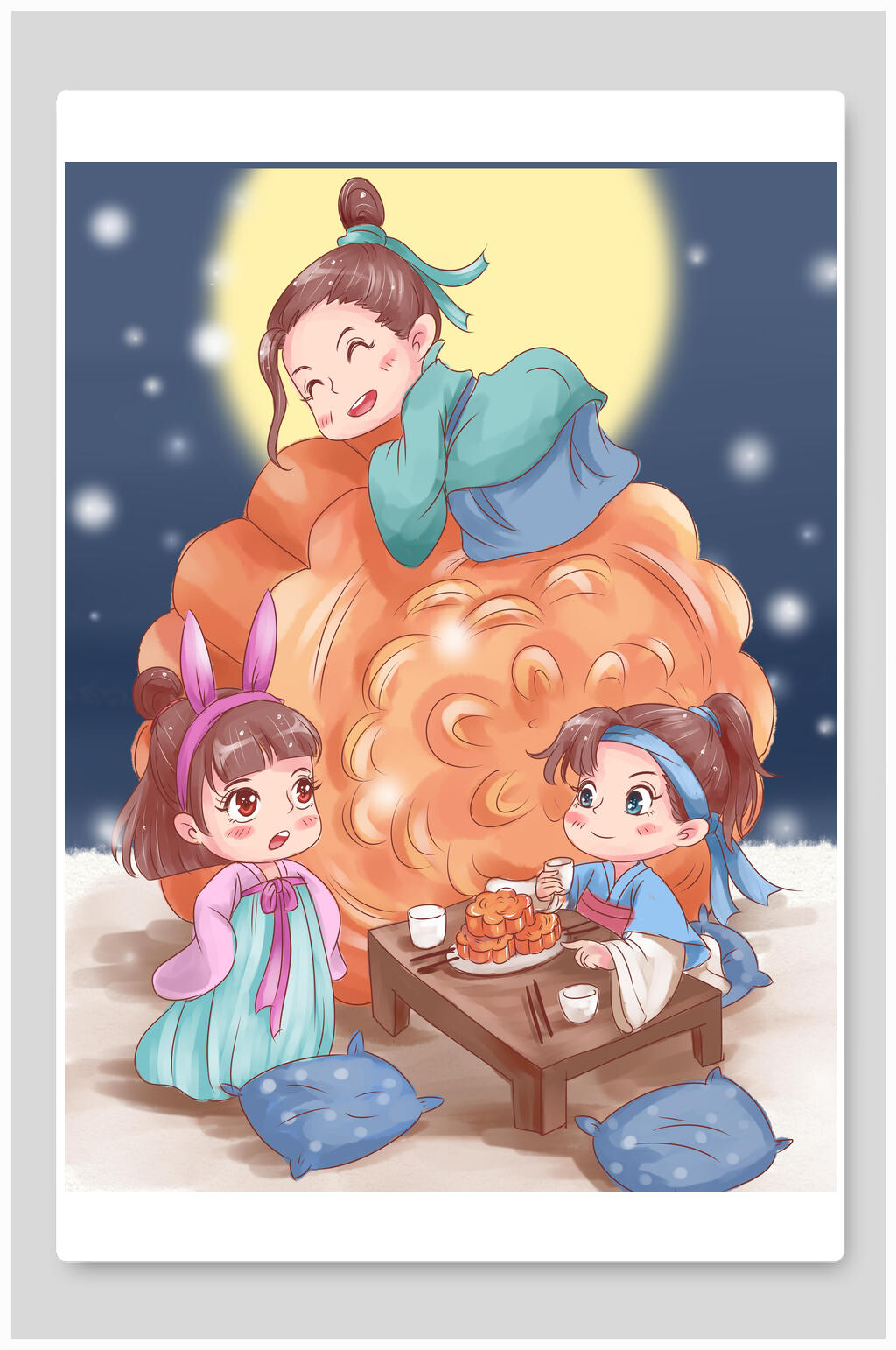 卡通唯美中秋节团圆插画素材
