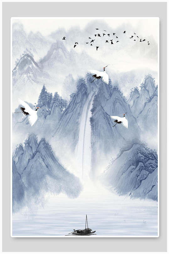 鸟兽瀑布船中国山水水墨画背景