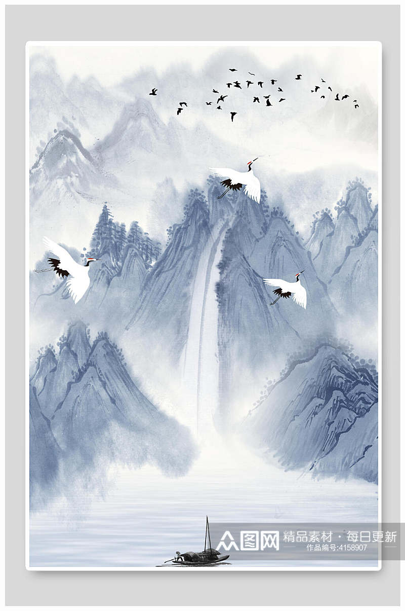 鸟兽瀑布船中国山水水墨画背景素材