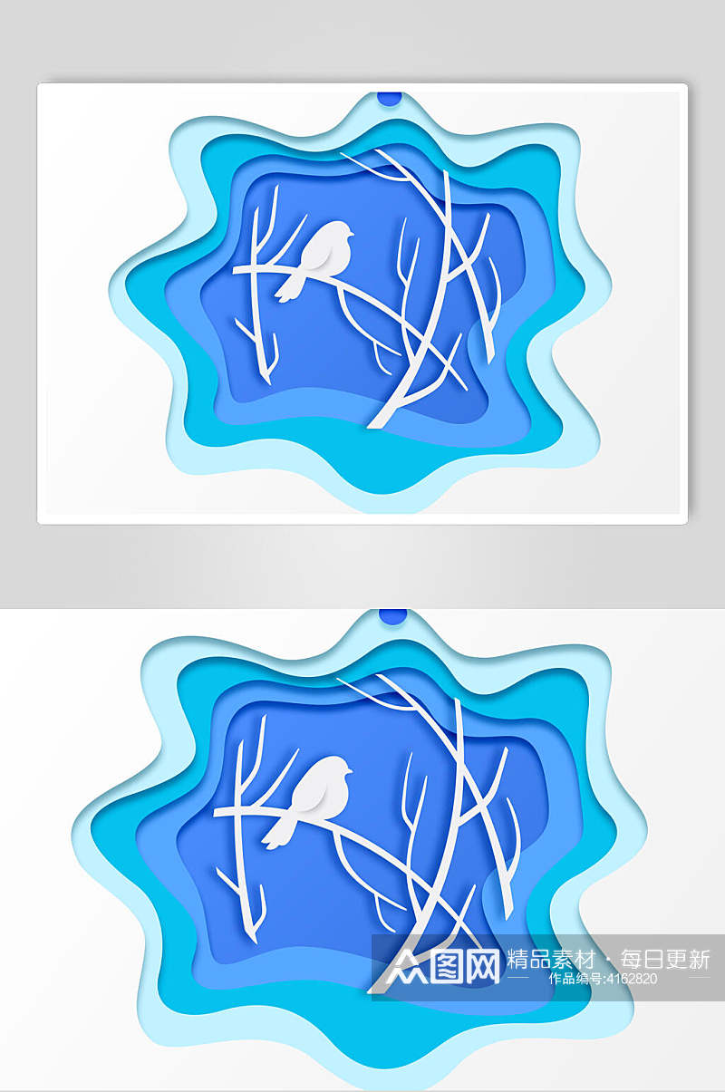 树枝鸟兽蓝色立体剪纸折纸插画素材