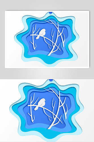 树枝鸟兽蓝色立体剪纸折纸插画